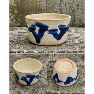 Handmade Studio Pottery Bowl Cream Cobalt Blue Abstract Glaze 3.8"